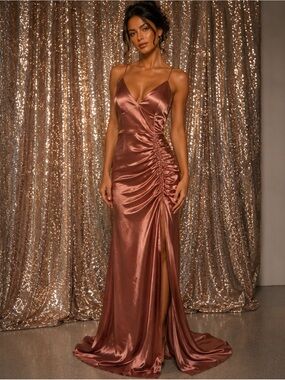 le chateau Copper Satin Ruched Spaghetti-Strap Gown